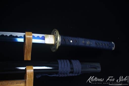 Katana Blade 9260 Spring Steel with Blue Acid Dye and Gloss Black hardwood Saya - Image 4