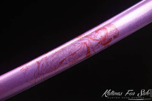 Samurai Katana 1060 Carbon Steel with Blue Acid Dye and Sparkle Purple Hardwood Saya - Image 9