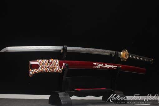 Katana T10 Folded Clay Tempered Steel with Refined Layers and Hadori Polish with Burgundy Seashell Dragon Saya