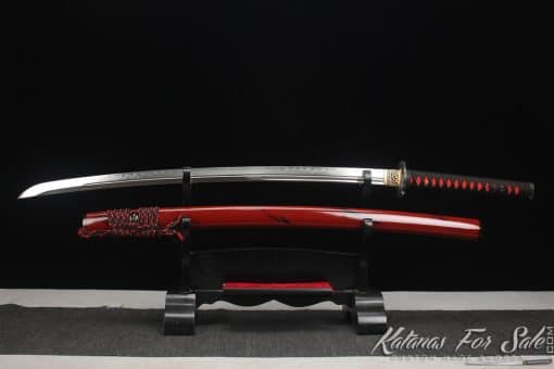 Katana T10 Clay Tempered Steel with Burgundy Black Stripes Hardwood Saya - Image 5