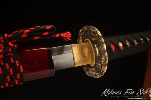 Handcrafted Katana T10 Clay Tempered Steel with Hadori Polish and Burgundy Seashell Dragon Saya with black Buffalo horns