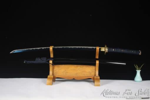 Katana Blade 9260 Spring Steel with Blue Acid Dye and Gloss Black hardwood Saya - Image 6