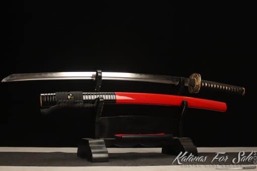 Warrior Katana T10 Folded Clay Tempered Steel with Black Stripes Red Hardwood Saya