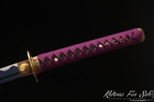 Samurai Katana 1060 Carbon Steel with Blue Acid Dye and Sparkle Purple Hardwood Saya - Image 7