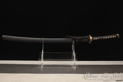 Japanese Katana Blade 1095 Folded Steel with Geo Shape and Full Lacquered Black Ray Skin Saya - Image 7