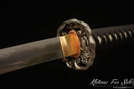 Samurai Katana T10 Folded Clay Tempered Steel with Full Black Rayskin Saya and brown Buffalo Horns - Image 6