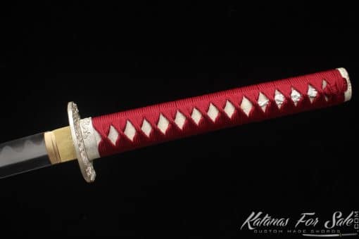 Katana T10 Folded Clay Tempered Steel with Hadori Polish and Gloss Burgundy Black Hardwood Saya with Buffalo Horns - Image 6