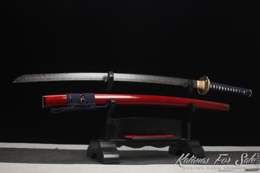 Katana 1095 Folded Steel with Vintage Finish  and Red and Black Hardwood Saya - Image 7