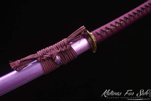 Samurai Katana 1060 Carbon Steel with Blue Acid Dye and Sparkle Purple Hardwood Saya - Image 6