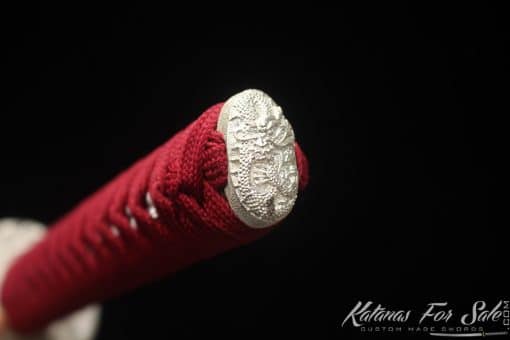 Katana T10 Folded Clay Tempered Steel with Hadori Polish and Gloss Burgundy Black Hardwood Saya with Buffalo Horns - Image 5