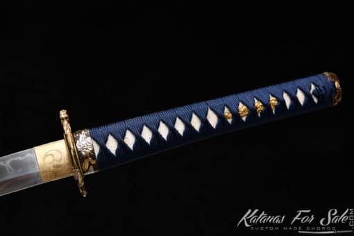 Katana T10 Clay Tempered Steel with Blue Engraved Dragon on Black Hardwood Saya - Image 6