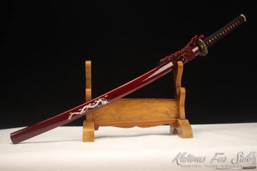 Handcrafted Katana T10 Clay Tempered Steel with Hadori Polish and Burgundy Seashell Dragon Saya with black Buffalo horns - Image 5