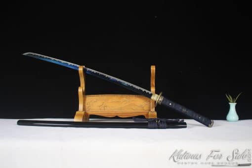 Katana Blade 9260 Spring Steel with Blue Acid Dye and Gloss Black hardwood Saya