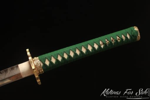 Katana T10 Clay Tempered Steel with Green Golden Stripes Hardwood Saya - Image 8