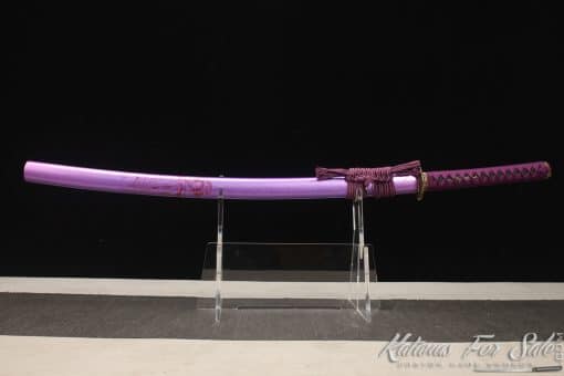 Samurai Katana 1060 Carbon Steel with Blue Acid Dye and Sparkle Purple Hardwood Saya - Image 4