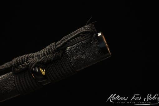 Japanese Katana Blade 1095 Folded Steel with Geo Shape and Full Lacquered Black Ray Skin Saya - Image 8