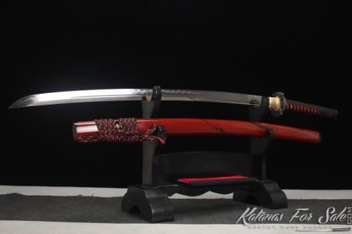 Katana T10 Clay Tempered Steel with Burgundy Black Stripes Hardwood Saya - Image 8