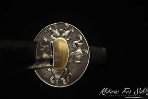 Katana T10 Clay Tempered Steel with Round Hamon and Metallic Black Hardwood Saya with Buffalo Horns
