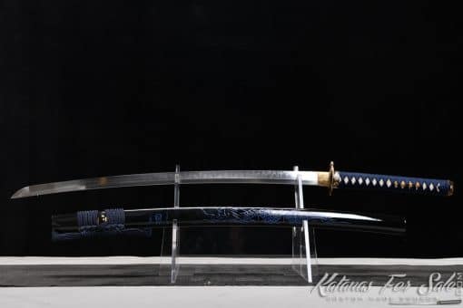 Katana T10 Clay Tempered Steel with Blue Engraved Dragon on Black Hardwood Saya - Image 5