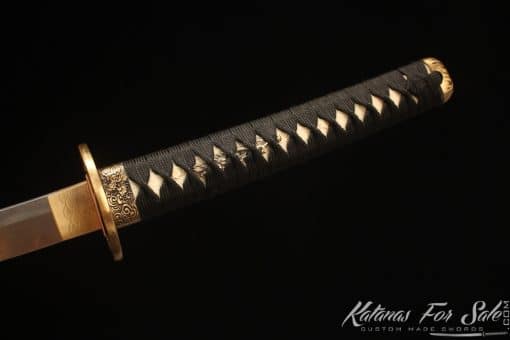 Traditional Katana Sword T10 Folded Clay Tempered Steel with Full Black Rayskin Saya and brown Buffalo Horns - Image 8