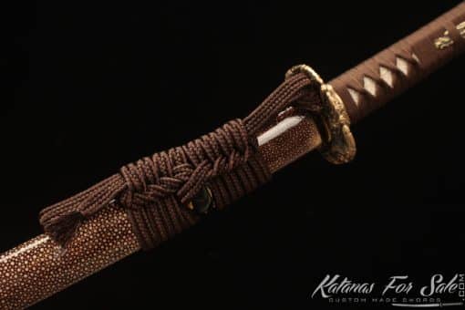 Katana Sword T10 Folded Clay Tempered Steel with Full Brown Ray Skin Saya and Buffalo Horn - Image 10