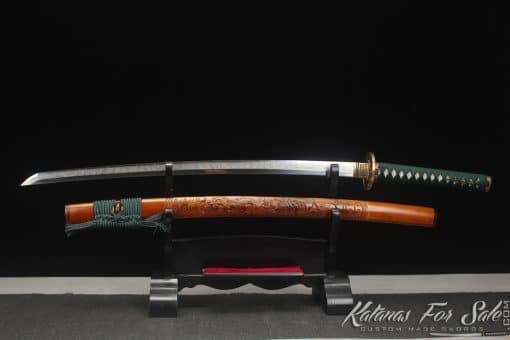 Japanese Katana Sword T10 Clay Tempered Steel with Flame Hamon and Hadori Polish with Red Wood Hand Carved Dragon Saya - Image 4