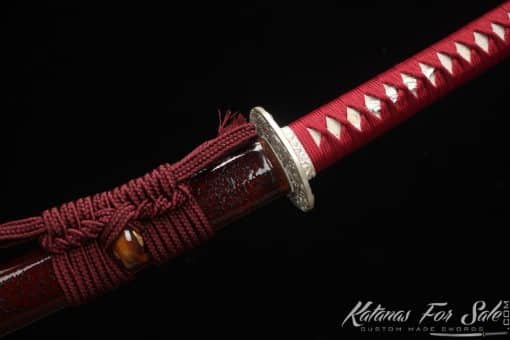 Katana T10 Folded Clay Tempered Steel with Hadori Polish and Gloss Burgundy Black Hardwood Saya with Buffalo Horns - Image 10