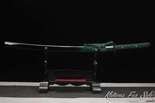 Katana 1060 Carbon Steel with engraved gold thunder pattern and Black and Splatter Green Hardwood Saya - Image 11