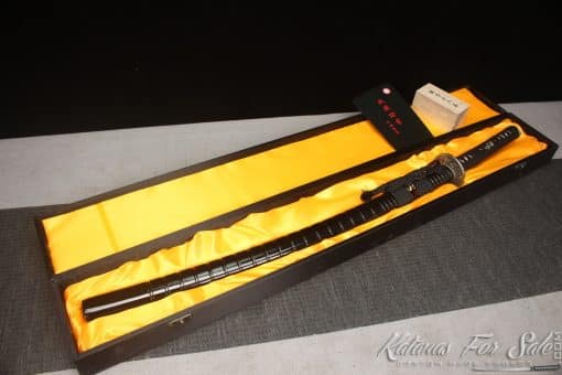 Legendary Katana T10 Clay Tempered Steel with "Manpai" Full Hamon and engraved dragon & sword with Black Ratten Hardwood Saya - Image 13